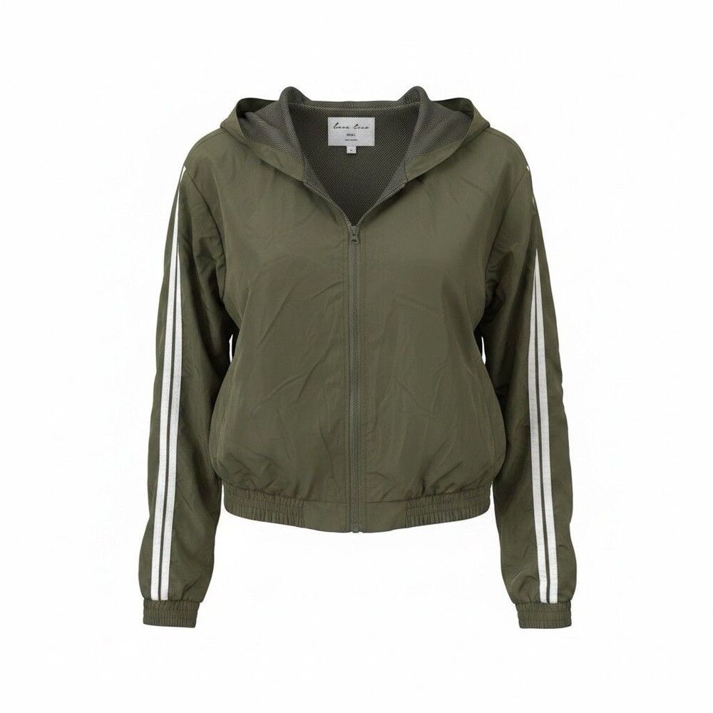 Love Tree Olive Green Nylon Windbreaker Hooded Elastic Hem Pockets Size Small